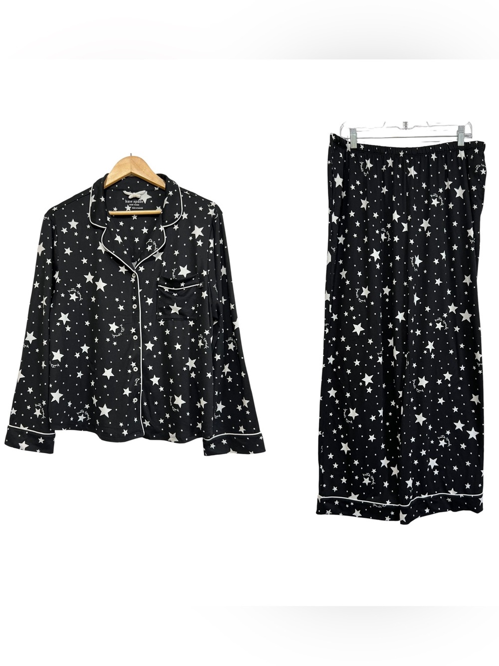 kate spade Black and White Celestial Star Print Pajama Set Long Sleeve Size XL